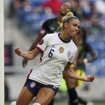 
              United States' Trinity Rodman celebrates scoring her side's 5th goal against Jamaica during a CONCACAF Women's Championship soccer match in Monterrey, Mexico, Thursday, July 7, 2022. (AP Photo/Fernando Llano)
            