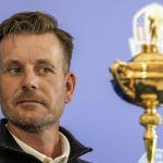 
              FILE - Henrik Stenson looks at the Ryder Cup Trophy during a press conference, at the Marco Simone golf club, in Guidonia Montecelio, outskirts of Rome, Italy, Monday, May 30, 2022.  Stenson was removed as Ryder Cup captain for Europe, Wednesday, July 20, 2022, choosing guaranteed money offered by a Saudi-funded rival league over leading his team in the most celebrated event on the European tour schedule .(AP Photo/Andrew Medichini, File)
            