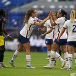 
              United States' Sophia Smith, second from right, is congratulated by a teammate after scoring her side's second goal against Jamaica during a CONCACAF Women's Championship soccer match in Monterrey, Mexico, Thursday, July 7, 2022. (AP Photo/Fernando Llano)
            