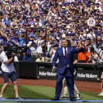 
              New York Mets announcer and former player Keith Hernandez is introduced to the crowds during a pre-game ceremony to retire his player number before a baseball game between the Mets and Miami Marlins, Saturday, July 9, 2022, in New York. (AP Photo/John Minchillo)
            