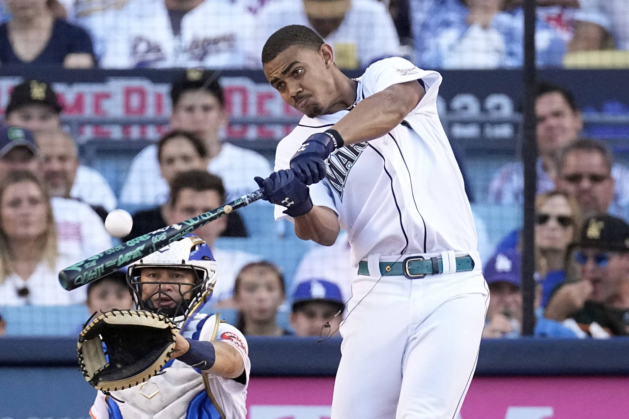 American League's Julio Rodriguez, of the Seattle Mariners, bats during the MLB All-Star baseball H...