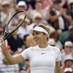 
              Romania's Simona Halep celebrates after beating Poland's Magdalena Frech in their women's third round singles match on day six of the Wimbledon tennis championships in London, Saturday, July 2, 2022. (AP Photo/Alberto Pezzali)
            