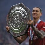 
              Liverpool's Darwin Nunez celebrates after winning the FA Community Shield soccer match against Manchester City at the King Power Stadium in Leicester, England, Saturday, July 30, 2022. (AP Photo/Leila Coker)
            