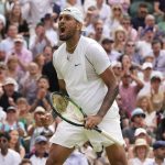 
              Australia's Nick Kyrgios reacts after winning a point against Brandon Nakashima of the US in a men's singles fourth round match on day eight of the Wimbledon tennis championships in London, Monday, July 4, 2022. (AP Photo/Alberto Pezzali)
            