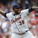 
              Detroit Tigers starting pitcher Michael Pineda throws against the Cleveland Guardians during the first inning of a baseball game Saturday, July 16, 2022, in Cleveland. (AP Photo/Ron Schwane)
            