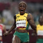 
              FILE - Elaine Thompson-Herah of Jamaica, reacts as she wins the women's 100-meters final at the 2020 Summer Olympics, Saturday, July 31, 2021, in Tokyo. Among those who might break their own world records at the world championships are hurdlers Sydney McLaughlin and Karsten Warholm and shot putter Ryan Crouser. Jamaican speedster Elaine Thompson-Herah could make a run at 100-meter record that Florence Griffith-Joyner has held since 1988. (AP Photo/David Goldman, File)
            