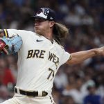 
              Milwaukee Brewers' Josh Hader throws during the ninth inning of a baseball game against the Chicago Cubs Monday, July 4, 2022, in Milwaukee. (AP Photo/Morry Gash)
            