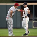 
              Houston Astros' Alex Bregman (2) talks with Los Angeles Angels' Mike Trout before a baseball game Saturday, July 2, 2022, in Houston. (AP Photo/David J. Phillip)
            