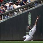 
              Chicago White Sox left fielder Leury Garcia catches a fly ball by Minnesota Twins designated hitter Luis Arraez during the fourth inning of a baseball game, Sunday, July 17, 2022, in Minneapolis. (AP Photo/Craig Lassig)
            