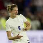
              England's Ellen White celebrates at the end of the Women Euro 2022 semi final soccer match between England and Sweden at Bramall Lane Stadium in Sheffield, England, Tuesday, July 26, 2022. (AP Photo/Jon Super)
            