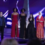 
              Billie Jean King, left, presents Kendall Dudley, from second left, Cindy Moore, Alicia Serratos, Noor Abukaram and Lucy Westlake with a Billie Jean King youth leadership award at the ESPY Awards on Wednesday, July 20, 2022, at the Dolby Theatre in Los Angeles. (AP Photo/Mark Terrill)
            