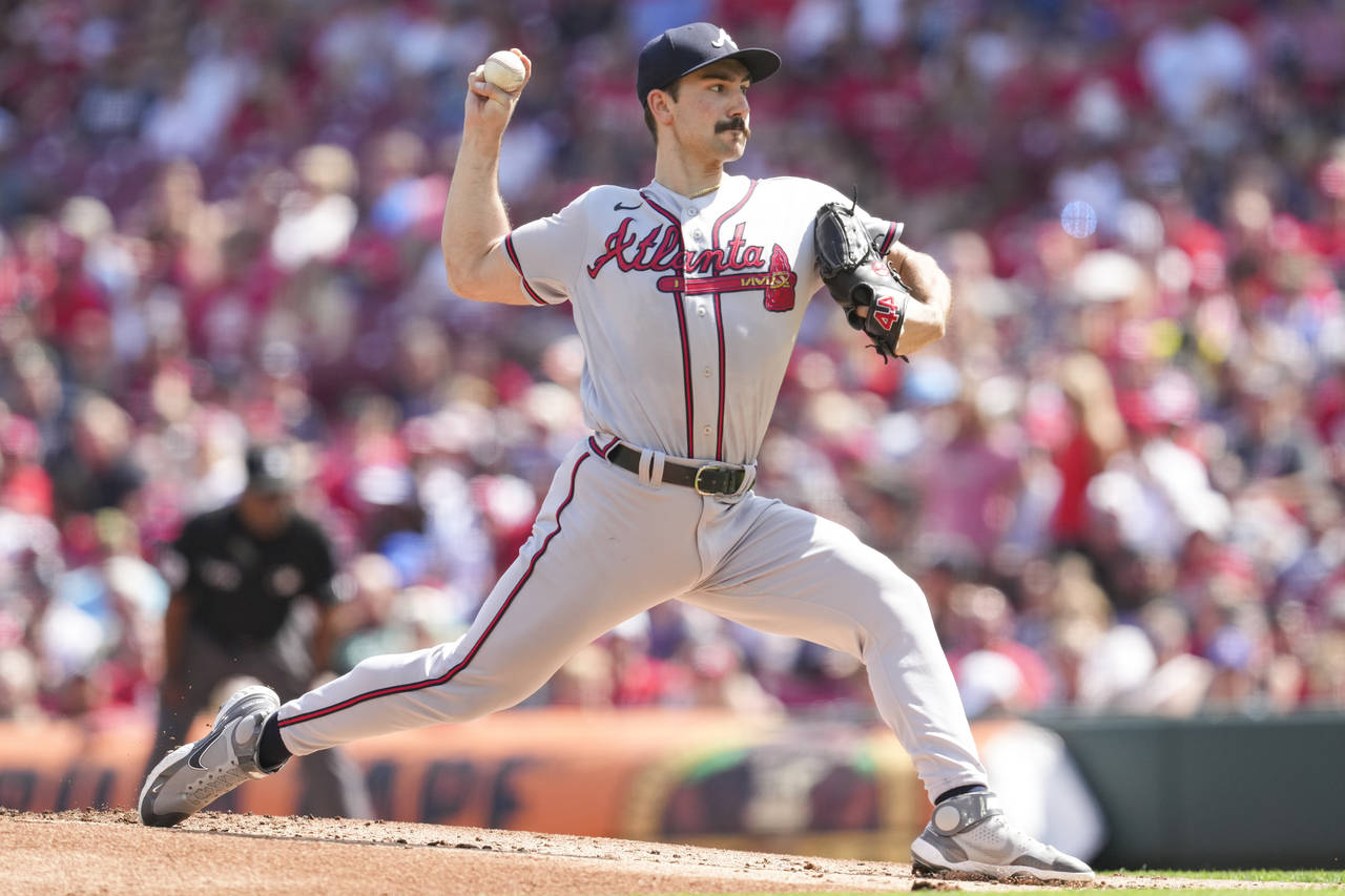 Atlanta Braves starting pitcher Spencer Strider throws during the first inning of a baseball game a...