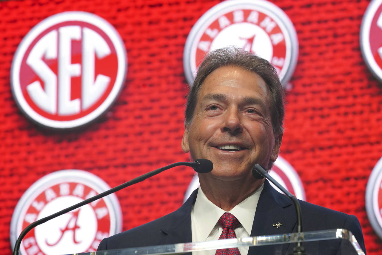 Alabama head coach Nick Saban speaks during NCAA college football Southeastern Conference Media Day...