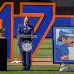 
              New York Mets announcer and former player Keith Hernandez speaks during a pre-game ceremony to retire his player number before a baseball game between the Mets and Miami Marlins, Saturday, July 9, 2022, in New York. (AP Photo/John Minchillo)
            