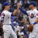 
              Chicago Cubs relief pitcher David Robertson, left, celebrates with Nico Hoerner after the Cubs defeated the New York Mets in a baseball game in Chicago, Sunday, July 17, 2022. (AP Photo/Nam Y. Huh)
            