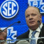 
              Kentucky head coach Mark Stoops speaks during NCAA college football Southeastern Conference Media Days, Wednesday, July 20, 2022, in Atlanta. (AP Photo/John Bazemore)
            