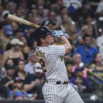
              Milwaukee Brewers' Hunter Renfroe watches his three-run home run against the Colorado Rockies during the fourth inning of a baseball game Saturday, July 23, 2022, in Milwaukee. (AP Photo/Kenny Yoo)
            