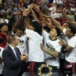 
              Portland Trail Blazers celebrate after defeating the New York Knicks in an NBA summer league championship basketball game Sunday, July 17, 2022, in Las Vegas. (AP Photo/John Locher)
            