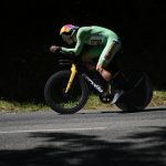 
              Belgium's Wout Van Aert, wearing the best sprinter's green jersey, rides during the twentieth stage of the Tour de France cycling race, an individual time trial over 40.7 kilometers (25.3 miles) with start in Lacapelle-Marival and finish in Rocamadour, France, Saturday, July 23, 2022. (AP Photo/Daniel Cole)
            