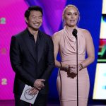 
              Simu Liu, left, and ski racer Lindsey Vonn present the award for best record-breaking performance at the ESPY Awards on Wednesday, July 20, 2022, at the Dolby Theatre in Los Angeles. (AP Photo/Mark Terrill)
            