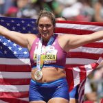 
              Gold medalist Brooke Andersen, of the United States, celebrates after the women's hammer throw final at the World Athletics Championships on Sunday, July 17, 2022, in Eugene, Ore. (AP Photo/Ashley Landis)
            