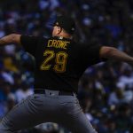 
              Pittsburgh Pirates relief pitcher Wil Crowe throws during the eighth inning of a baseball game against the Milwaukee Brewers Saturday, July 9, 2022, in Milwaukee. (AP Photo/Morry Gash)
            