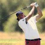 
              Pat Perez watches his tee shot on the seventh hole during the second round of the Portland Invitational LIV Golf tournament in North Plains, Ore., Friday, July 1, 2022. (AP Photo/Steve Dipaola)
            