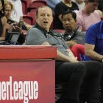 
              New York Knicks head coach Tom Thibodeau, center, watches during the first half an NBA summer league championship basketball game between te New York Knicks and the Portland Trail Blazers, Sunday, July 17, 2022, in Las Vegas. (AP Photo/John Locher)
            