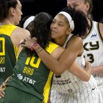 
              Seattle Storm's Sue Bird (10) hugs Chicago Sky's Candace Parker before the start of their WNBA basketball game Wednesday, July 20, 2022, in Chicago. (AP Photo/Charles Rex Arbogast)
            