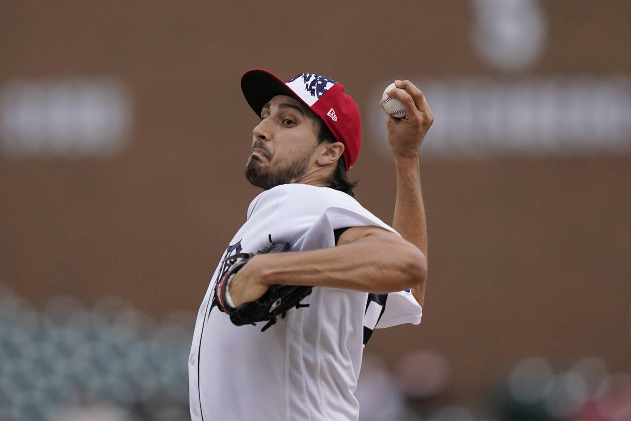 Detroit Tigers starting pitcher Alex Faedo throws during the first inning of the second baseball ga...