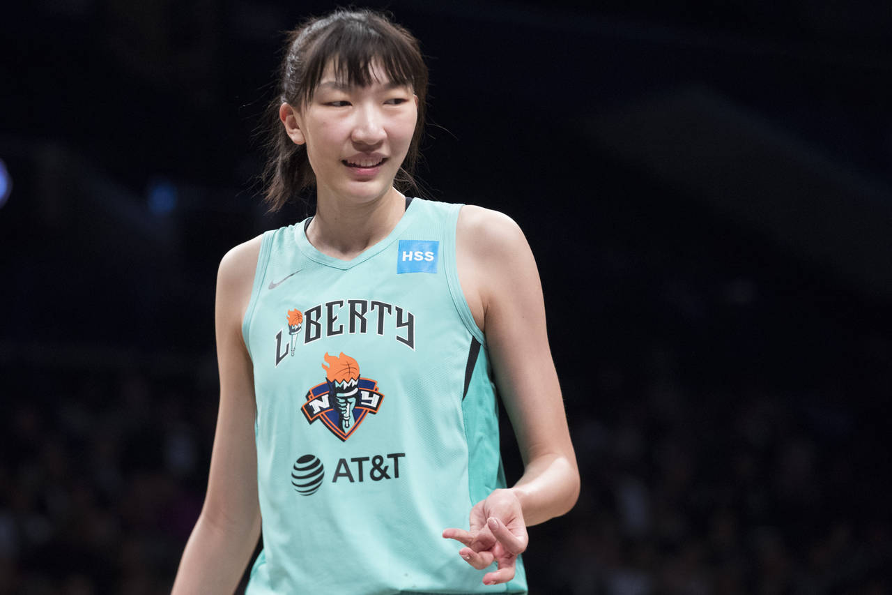 FILE - New York Liberty center Han Xu is shown during the first half of a WNBA exhibition basketbal...