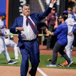 
              New York Mets announcer and former player Keith Hernandez throws the ceremonial first pitch from first base after a pre-game ceremony to retire his player number before a baseball game between the Mets and Miami Marlins, Saturday, July 9, 2022, in New York. (AP Photo/John Minchillo)
            