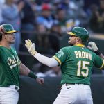 
              Oakland Athletics' Seth Brown (15) celebrates with Sean Murphy (12) after hitting a two-run home run against the Texas Rangers during the fifth inning of a baseball game in Oakland, Calif., Friday, July 22, 2022. (AP Photo/Godofredo A. Vásquez)
            