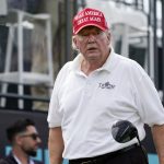 
              Former President Donald Trump plays in the pro-am round of the Bedminster Invitational LIV Golf tournament in Bedminster, NJ., Thursday, July 28, 2022. (AP Photo/Seth Wenig)
            