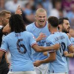 
              Manchester City's Julian Alvarez, second right, celebrates with his team-mates after scoring his side's opening goal during the FA Community Shield soccer match between Liverpool and Manchester City at the King Power Stadium in Leicester, England, Saturday, July 30, 2022. (AP Photo/Frank Augstein)
            