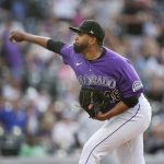 
              Colorado Rockies starting pitcher German Marquez works against the Chicago White Sox in the first inning of a baseball game Tuesday, July 26, 2022, in Denver. (AP Photo/David Zalubowski)
            