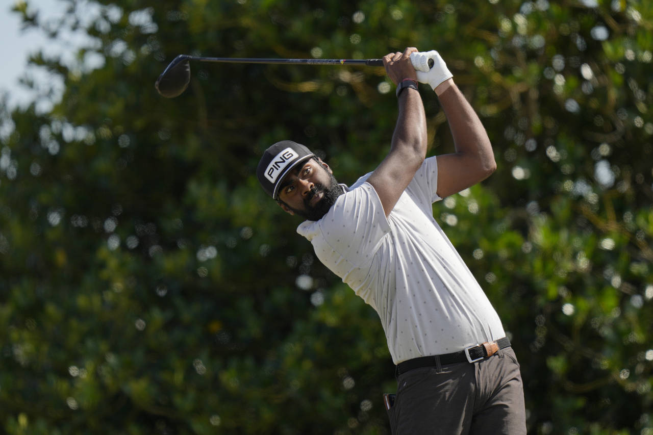 Sahith Theegala of the US plays from the 3rd tee during the third round of the British Open golf ch...