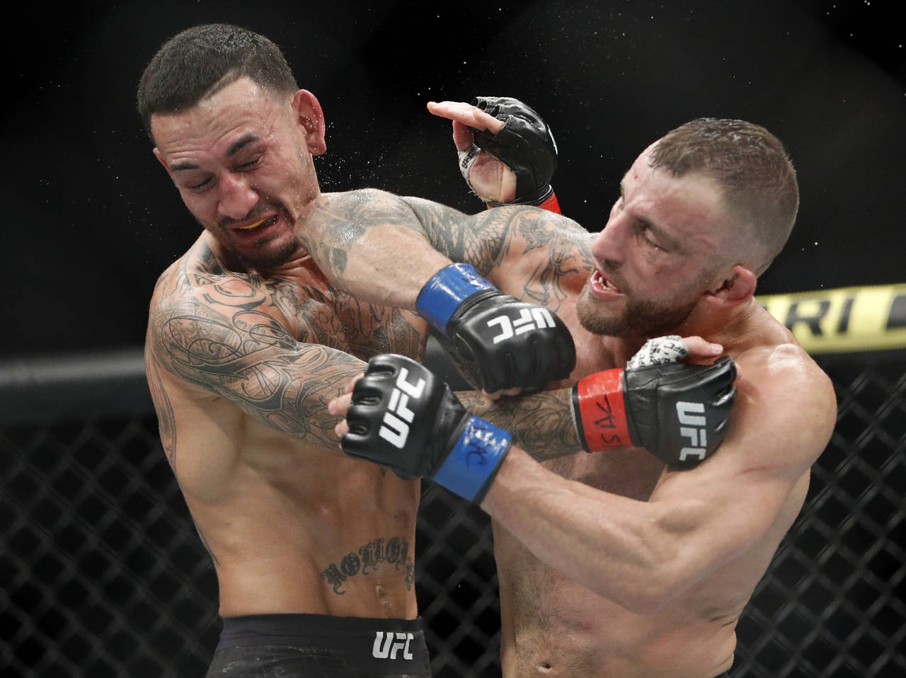 FILE - Alexander Volkanovski lands an elbow to Max Holloway in a mixed martial arts featherweight c...