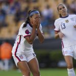
              United States' Sophia Smith, center, reacts during a CONCACAF Women's Championship soccer semifinal match against Costa Rica in Monterrey, Mexico, Thursday, July 14, 2022. (AP Photo/Fernando Llano)
            