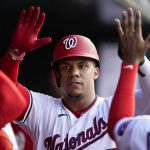 
              Washington Nationals' Juan Soto celebrates after scoring during the first inning of the team's baseball game against the Pittsburgh Pirates at Nationals Park, Tuesday, June 28, 2022, in Washington. (AP Photo/Alex Brandon)
            