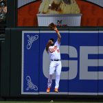 
              Baltimore Orioles right fielder Anthony Santander makes a leaping catch on a ball hit by Tampa Bay Rays' Brett Phillips against starting pitcher Jordan Lyles during the second inning of a baseball game, Thursday, July 28, 2022, in Baltimore. (AP Photo/Terrance Williams)
            