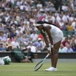 
              Coco Gauff of the US is dejected after losing a point to Amanda Anisimova of the US in a third round women's singles match on day six of the Wimbledon tennis championships in London, Saturday, July 2, 2022. (AP Photo/Alastair Grant)
            