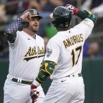 
              Oakland Athletics' Stephen Vogt, left, is congratulated by Elvis Andrus after hitting a home run against the Toronto Blue Jays during the sixth inning of a baseball game in Oakland, Calif., Monday, July 4, 2022. (AP Photo/Jeff Chiu)
            