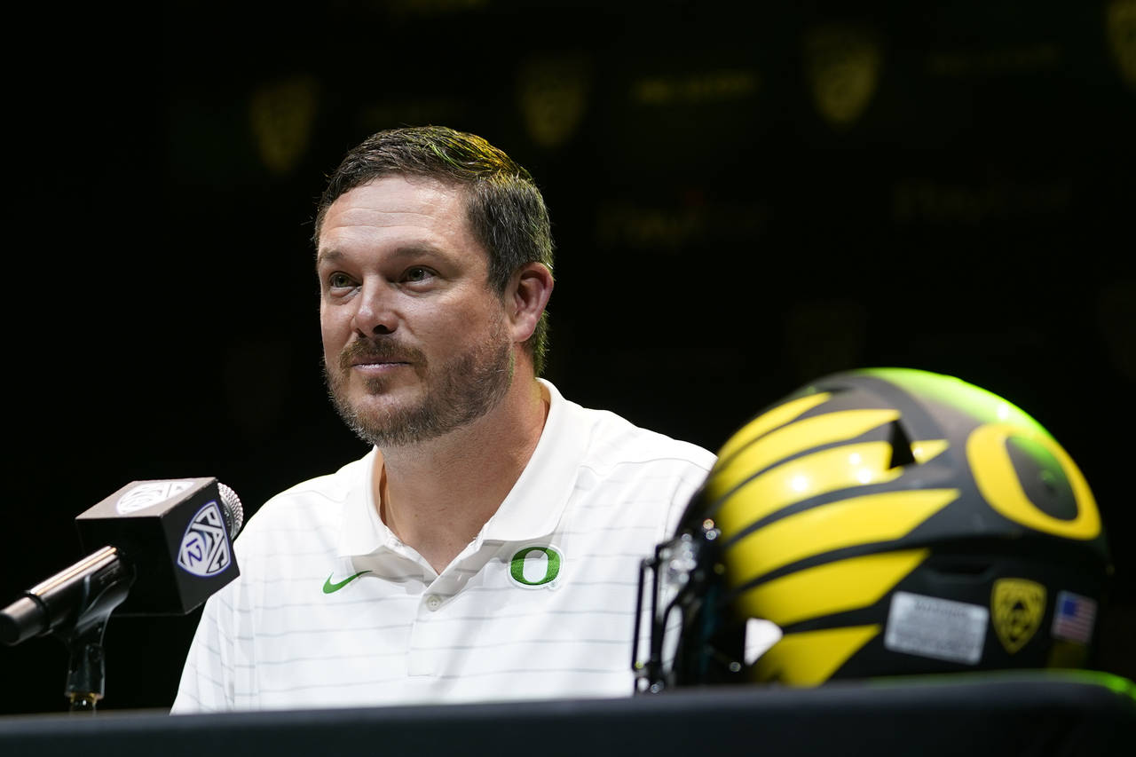 Oregon head coach Dan Lanning speaks during Pac-12 Conference men's NCAA college football media day...