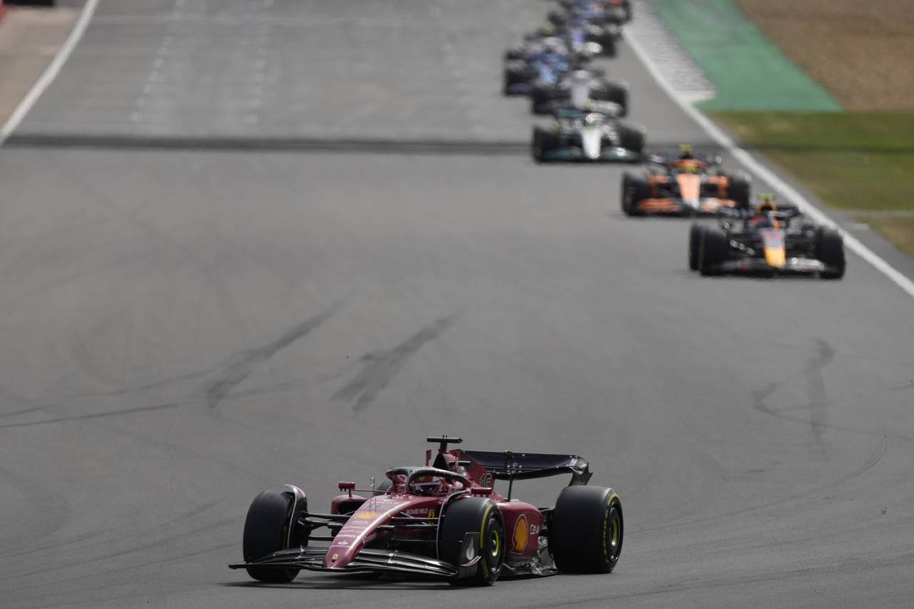 Ferrari driver Charles Leclerc of Monaco steers his car during the British Formula One Grand Prix a...