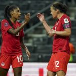 
              Canada's Christine Sinclair, right, is congratulated by teammate Ashley Lawrence after scoring her side's opening goal against Trinidad and Tobago during a CONCACAF Women's Championship soccer match in Monterrey, Mexico, Tuesday, July 5, 2022. (AP Photo/Fernando Llano)
            