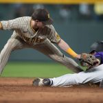 
              San Diego Padres second baseman Jake Cronenworth, left, applies a late tag as Colorado Rockies' Sam Hilliard steals second base during the sixth inning of a baseball game Wednesday, July 13, 2022, in Denver. (AP Photo/David Zalubowski)
            