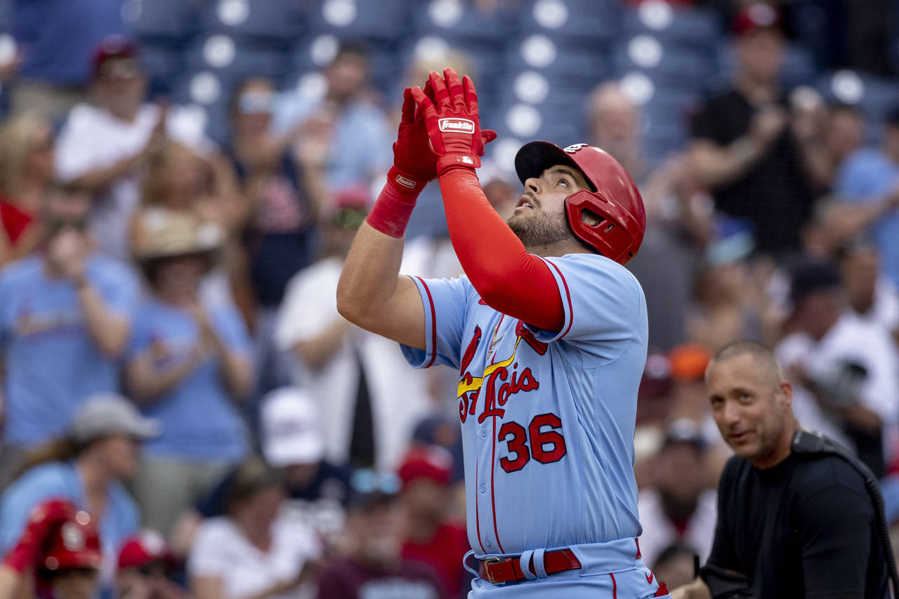 St. Louis Cardinals designated hitter Juan Yepez (36) gestures after hitting a home run during the ...