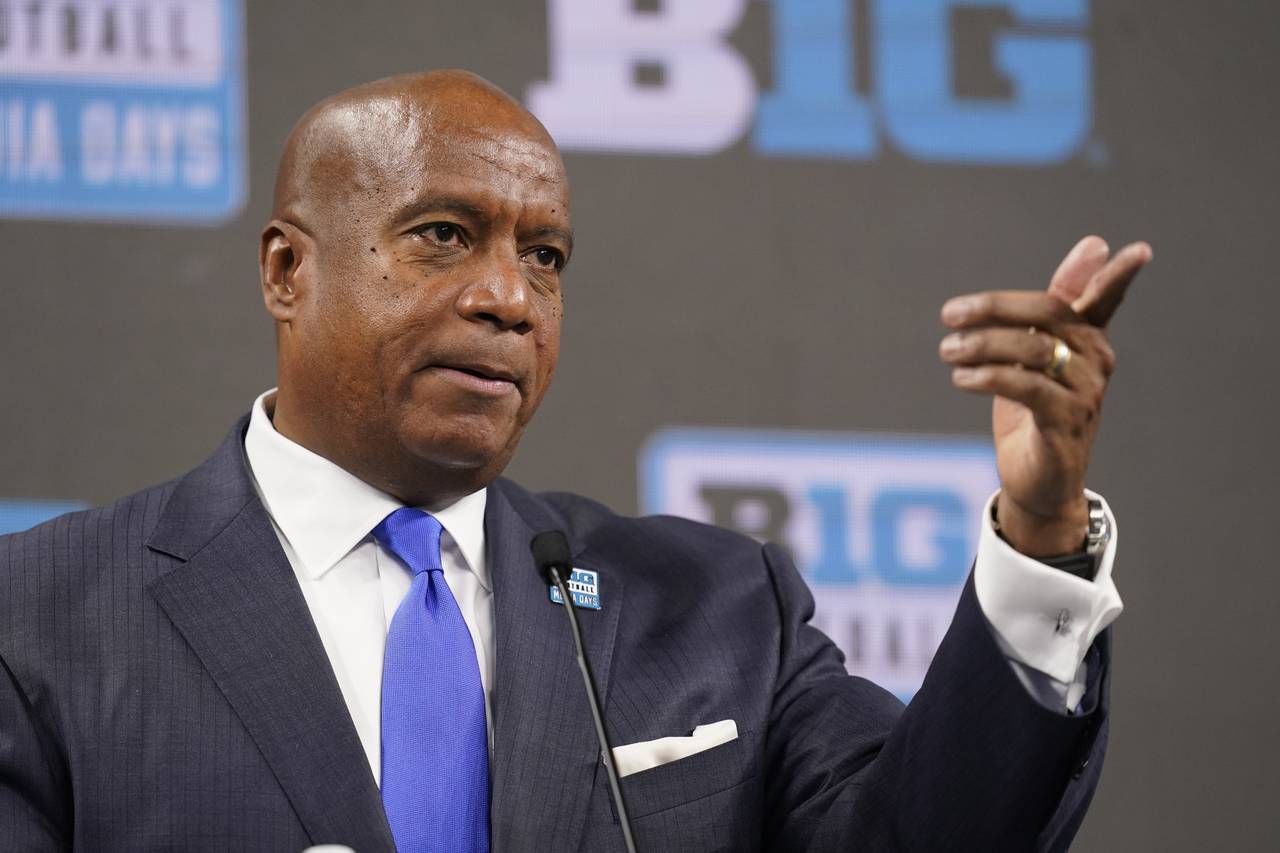 Big Ten Commissioner Kevin Warren talks to reporters during an NCAA college football news conferenc...
