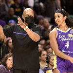 
              Los Angeles Sparks head coach Fred Williams, left, talks with guard Lexie Brown (4) in the first half of a WNBA basketball game against the Seattle Storm, Thursday, July 7, 2022, in Los Angeles. (Keith Birmingham/The Orange County Register via AP)
            